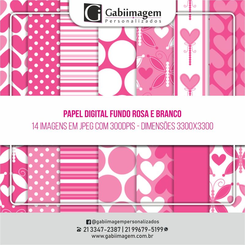 Papel Digital Fundo Rosa e Branco - Gabiimagem Personalizados