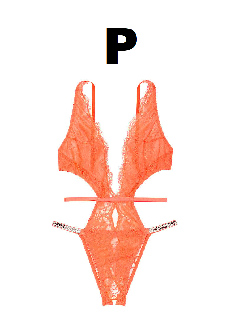  Victoria's Secret Shine Strap Lace Crotchless Teddy Color Coral  New (Large): Clothing, Shoes & Jewelry